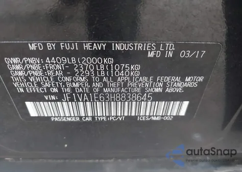 2017 Subaru Wrx Premium from USA, damaged, VIN JF1VA1E63H8838645